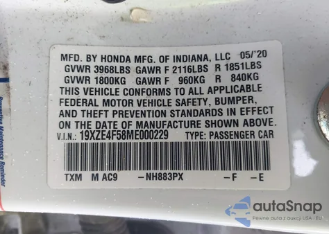 2021 Honda Insight Ex z USA, uszkodzony, nr VIN 19XZE4F58ME000229